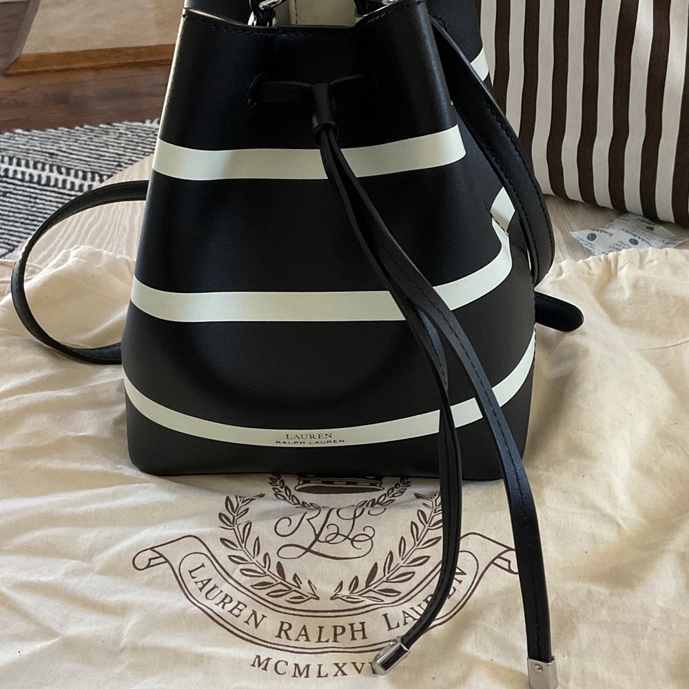 Lauren Ralph Lauren Black and White Striped Bucket Shoulder Bag